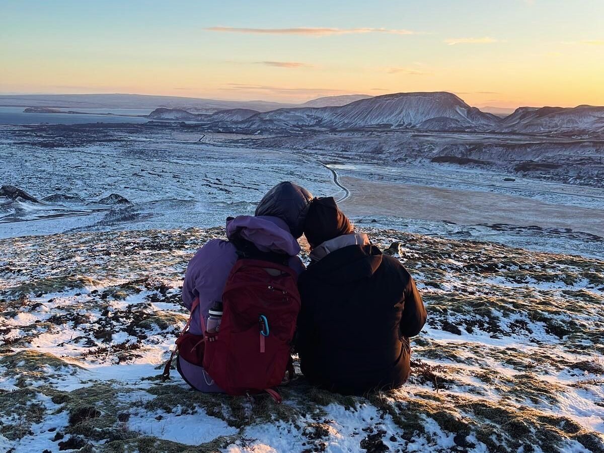 Two hikers happy winter Iceland