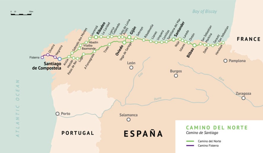A map of the Camino del Norte, Camino del Santiago Tours, Spain