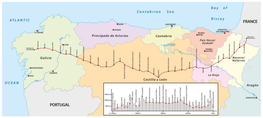 Map of the Camino Frances, or the French Way, Camino de Santiago