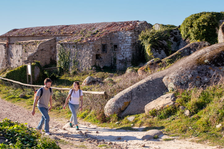 Couple os backpackers enjoying a walk around Sintra’s woods on the Camino Portugues