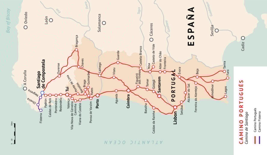 A map of the Camino Portugues Camino de Santiago Route