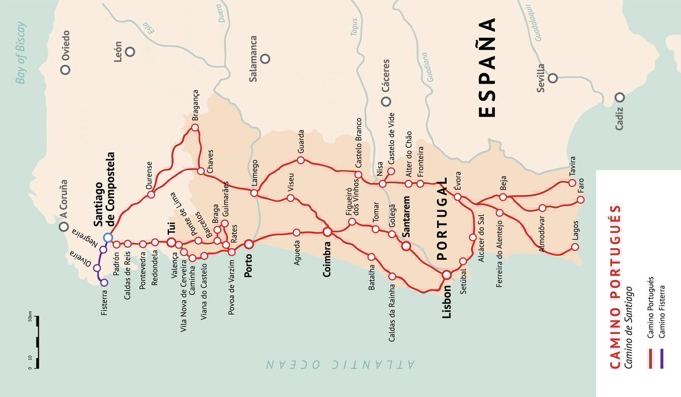 A map of the Camino Portugues Camino de Santiago Route