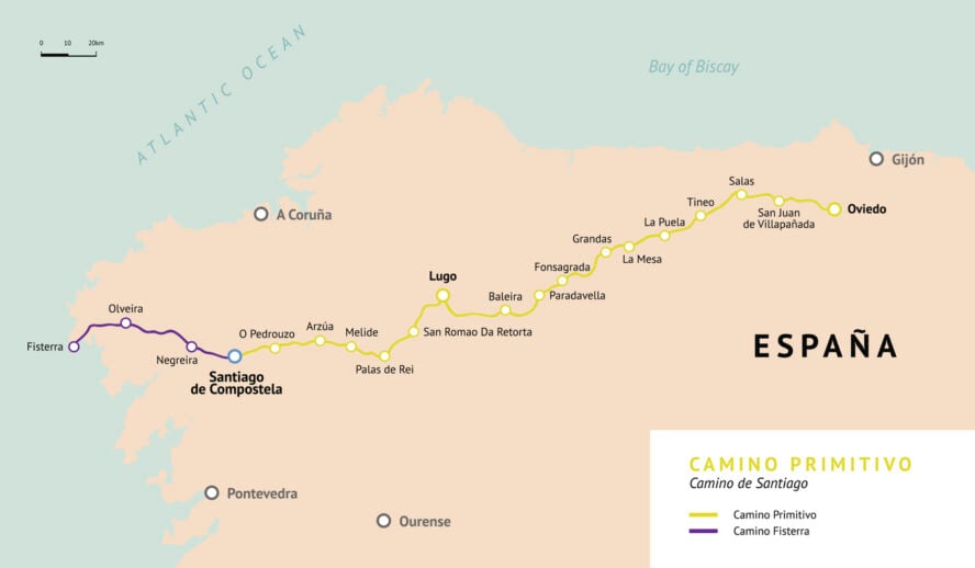 Camino Primitivo map. Original route from Oviedo. Camino De Santiago or The Way of St.James. Ancient pilgrimage path to the Santiago de Compostella on the north of Spain.