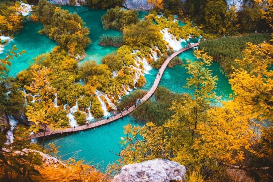 Plitvice hikers in the fall in Croatia