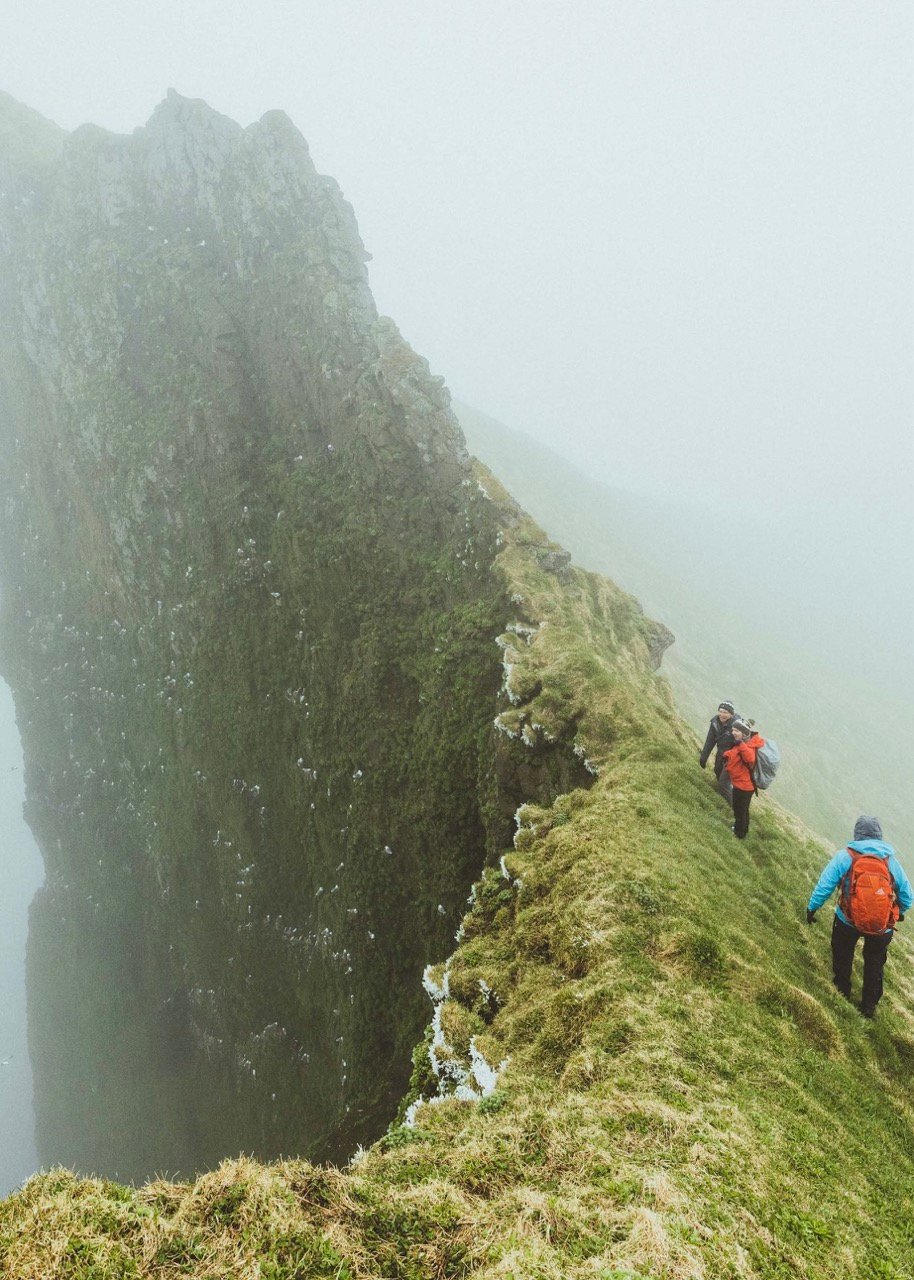 Hiking cliff fog Hornstrandir