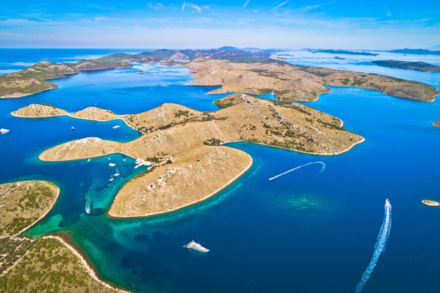 Croatia travel tips for Kornati. Aerial panoramic view of famous Adriatic sea sailing destination, Kornati archipelago national park. Dalmatia region of Croatia