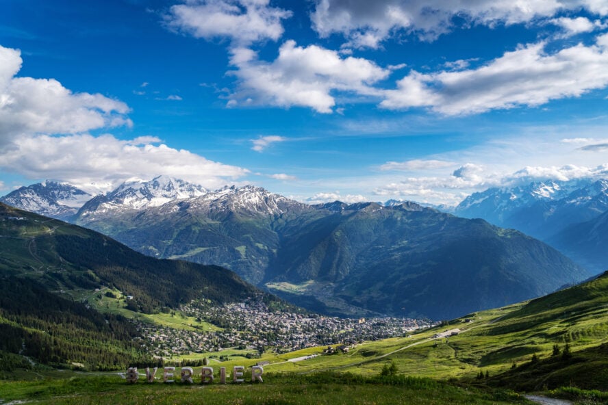 Scenery view of Verbier village in Swiss Alps.