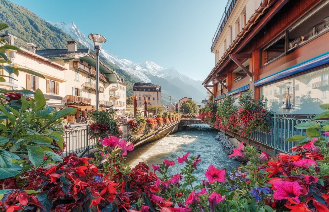 A view of downtown Chamonix, France, and Mont Blanc