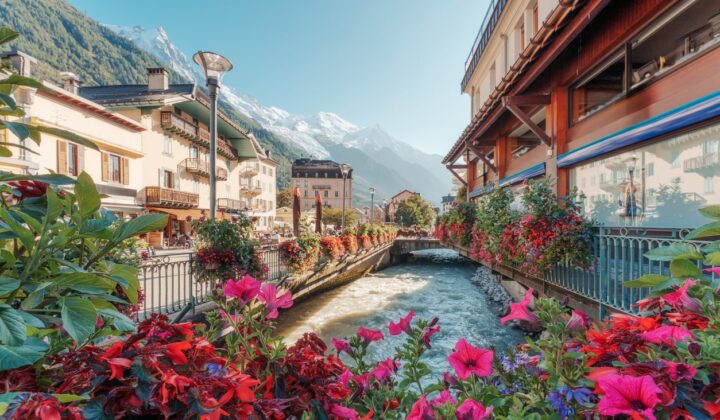 A view of downtown Chamonix, France, and Mont Blanc