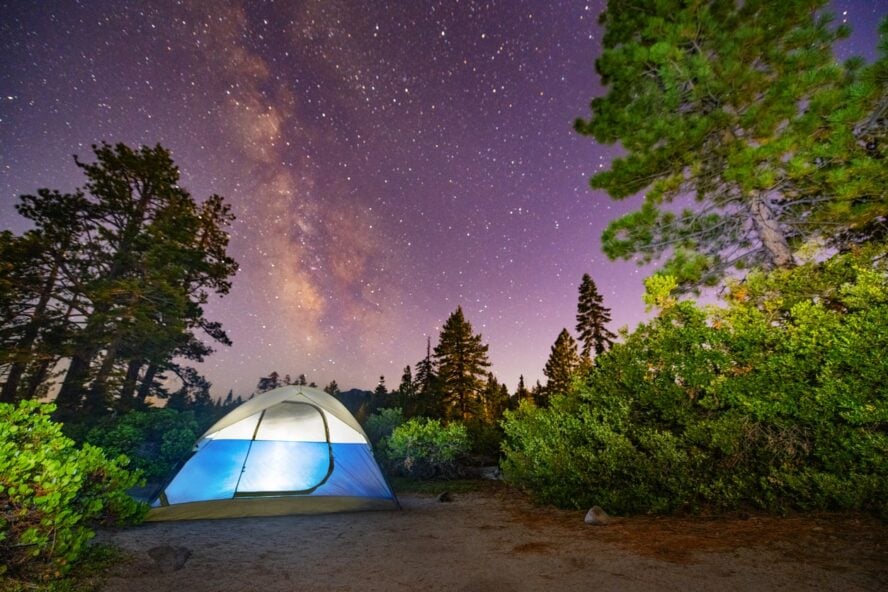 A campsite under the stars of Lake Tahoe