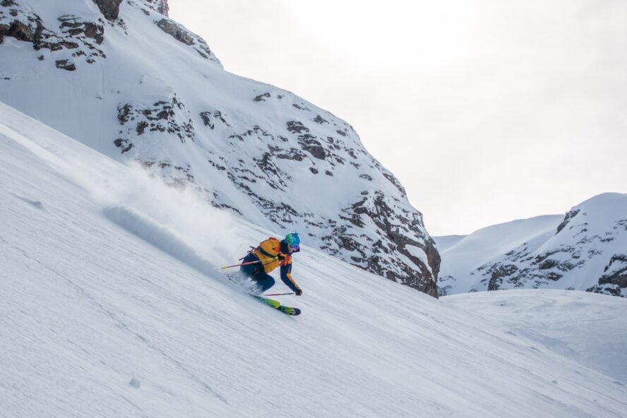 A skier among some rocks in Georgia