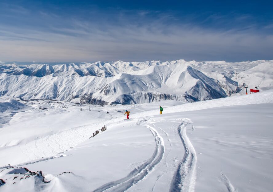 Skiers on a slope in Goderdzi, Georgia