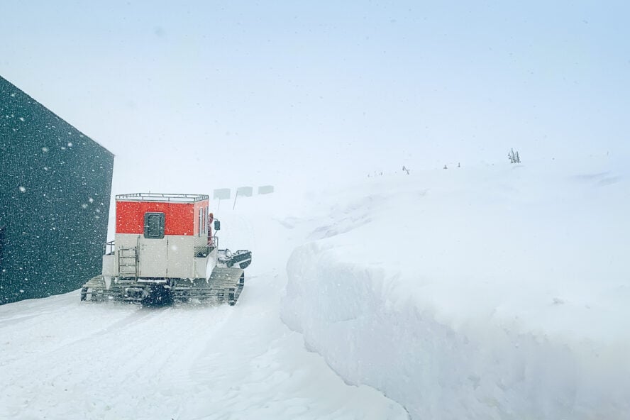 Snowcat with cabin to take skiers snowboarders freeride downhill in remote caucasus mountains. Ratrak in Goderdzi experience