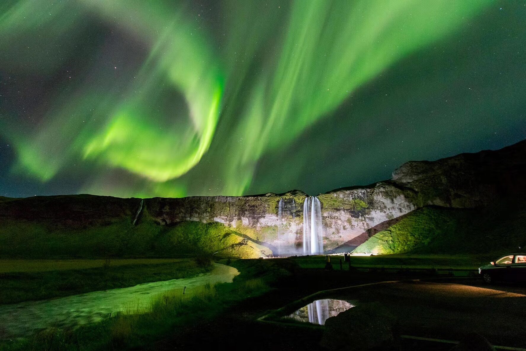 Iceland waterfall Northern Lights