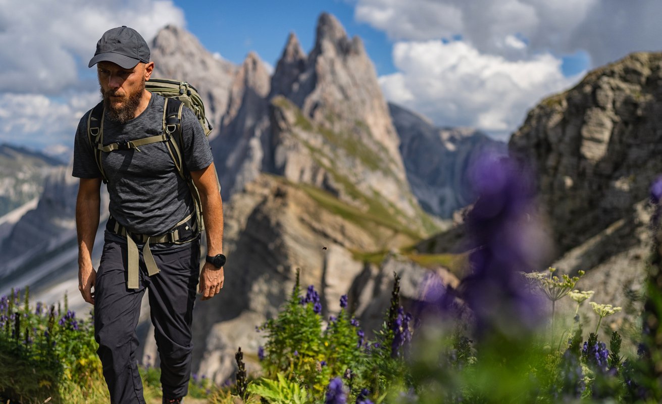 A frontal view of a hiker along the Alta Via 2