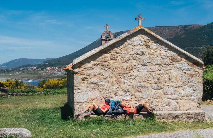 Pilgrims resting along the Camino Portuguese
