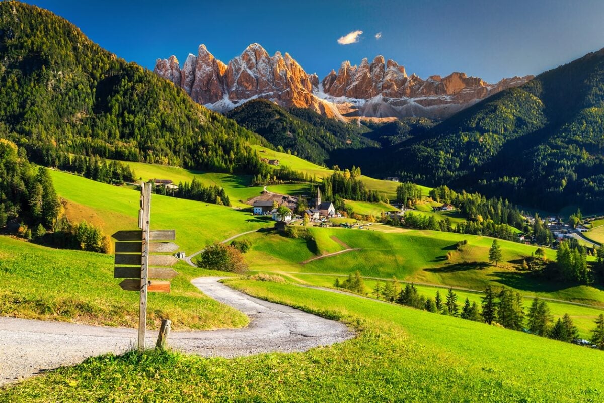 A village along a hiking trail in the Italian Dolomites