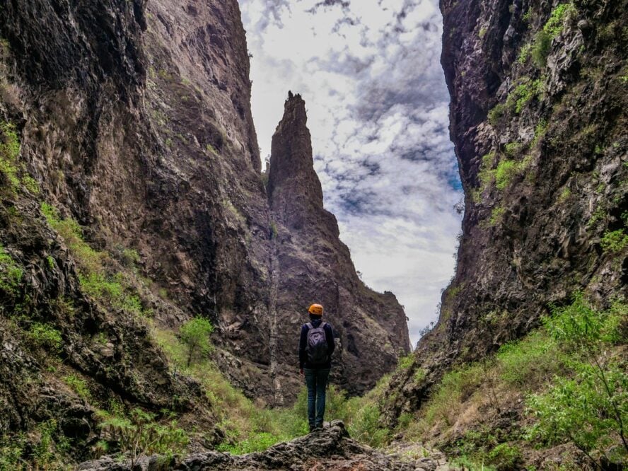 A hiker hiking in Hell's Gorge in Tenerife, Spain