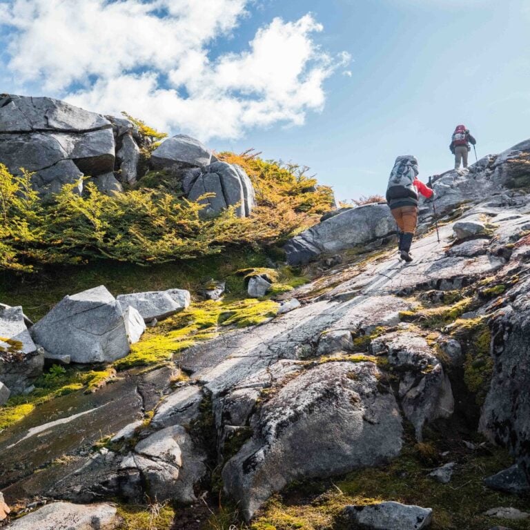 Hikers boulders Patagonia