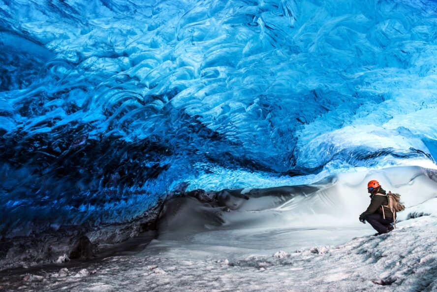 A glacial cave explorer in Iceland with everything he needs from his packing list