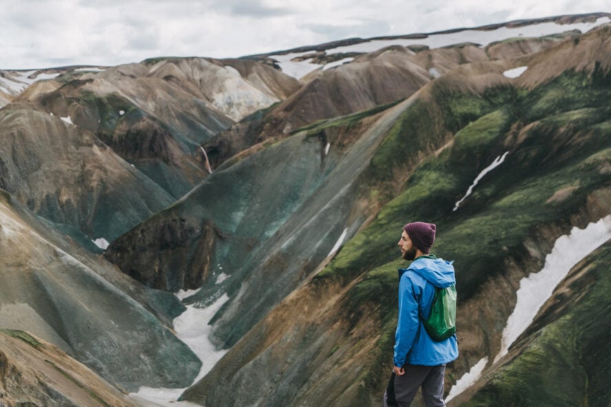 A hiker in Landmannalaugar, Iceland who used the right packing list