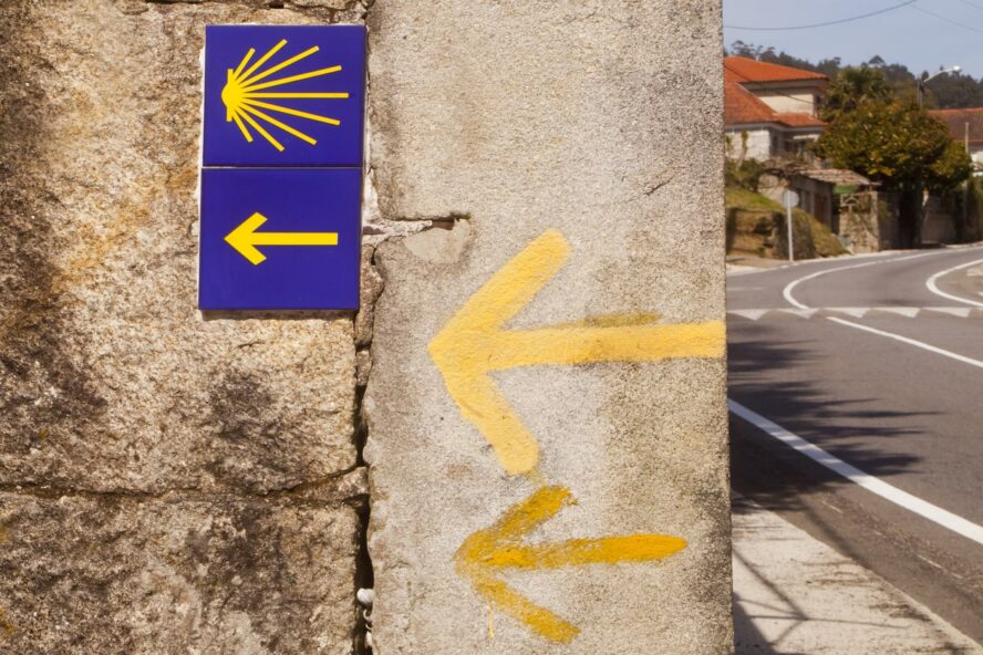 A signpost in Redondela, Spain, a common stopping point on the Camino Portuguese Coastal Route