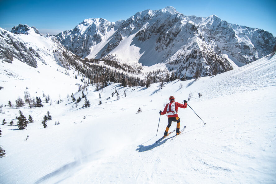 Skier touring around the Dolomites, Italy
