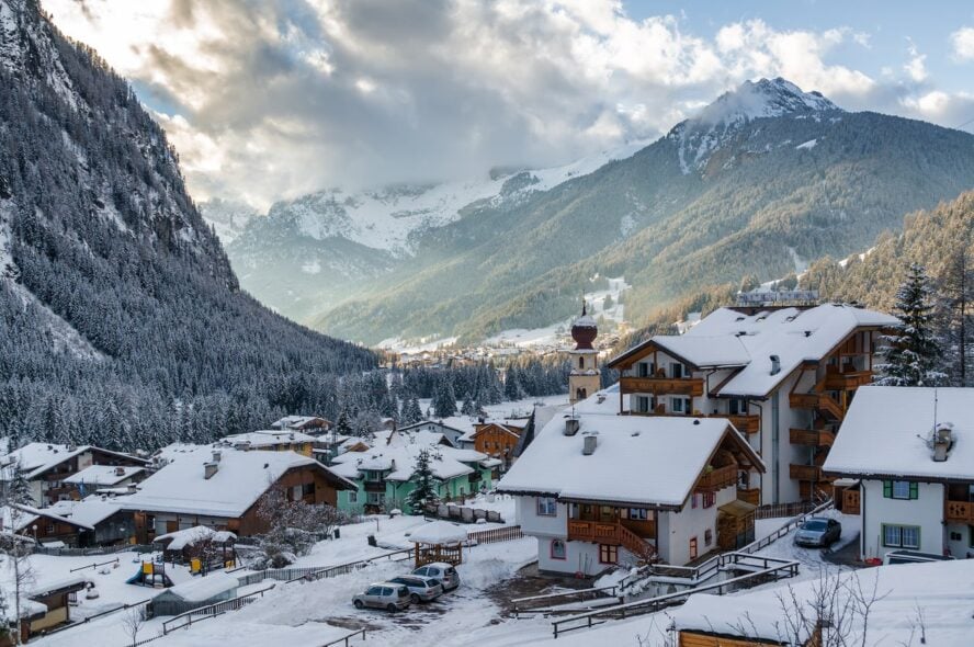 An overhead view of Val di Fassa in the winter