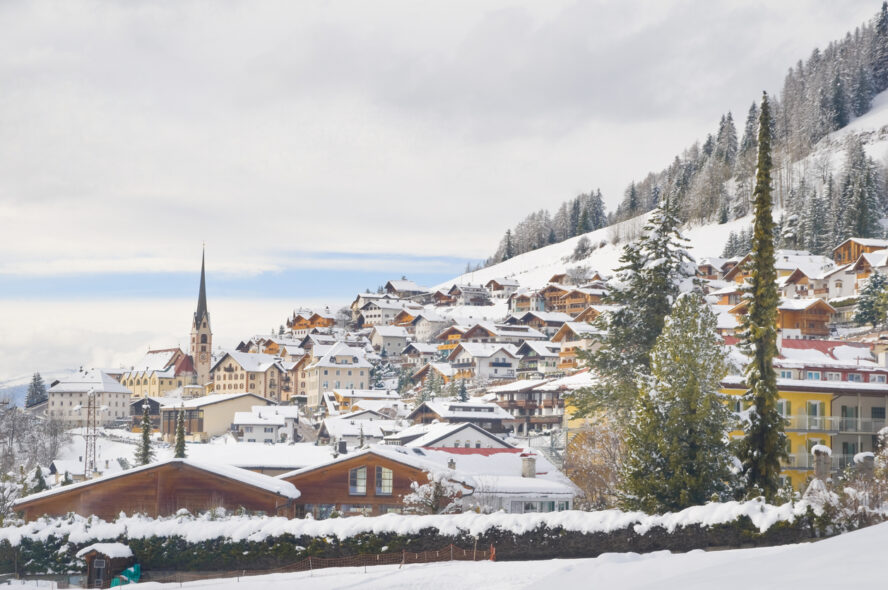 A view of Val Gardena in the winter, one of the best places to stay in the Dolomites for skiing