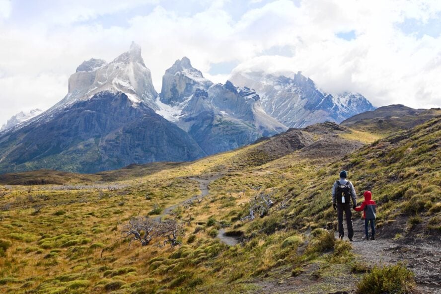 A family hiking the W trek in Patagonia