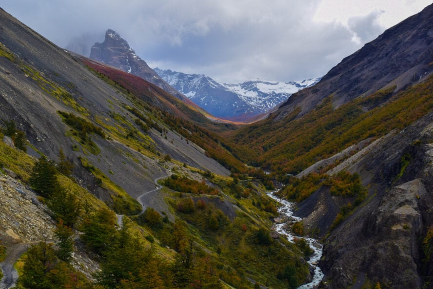 A view of Frances Valley and an incoming blizzard along the Torres del Paine W Trek