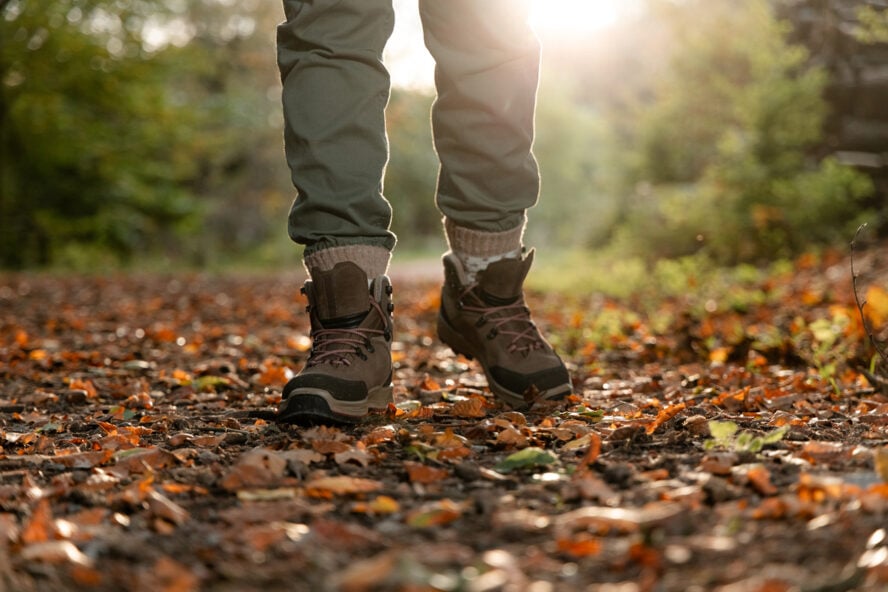 Hiking shoes in the fall forest close-up with a hiker