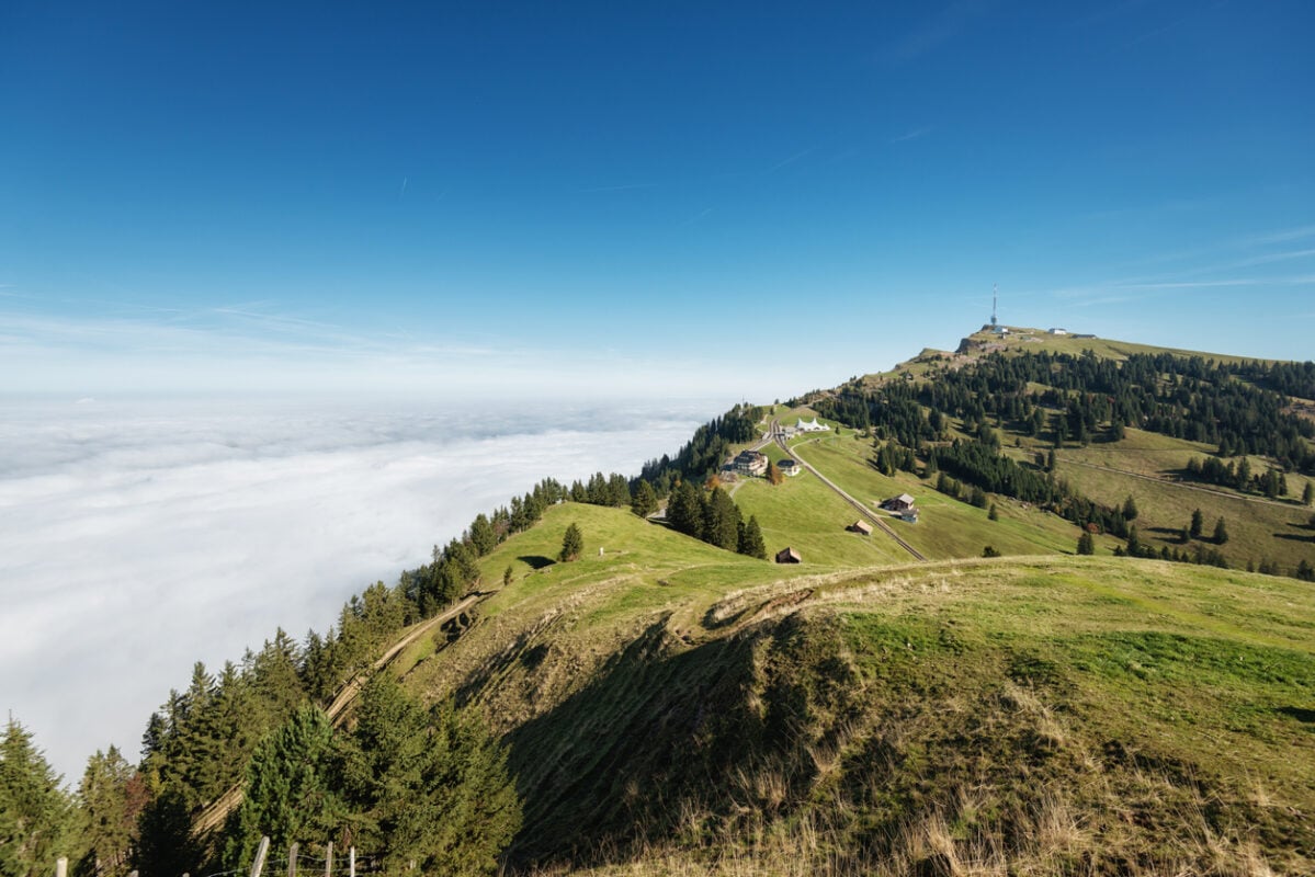 An overhead vista of Mount Rigi, reachable via one of the best hikes in Switzerland