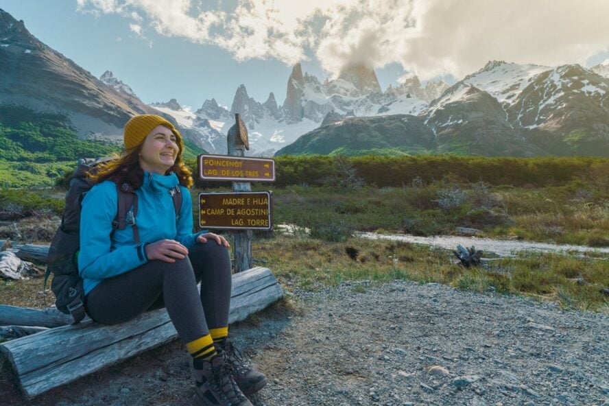 Woman hiking near Fitz Roy in patagonia, Torres del Paine, Chile