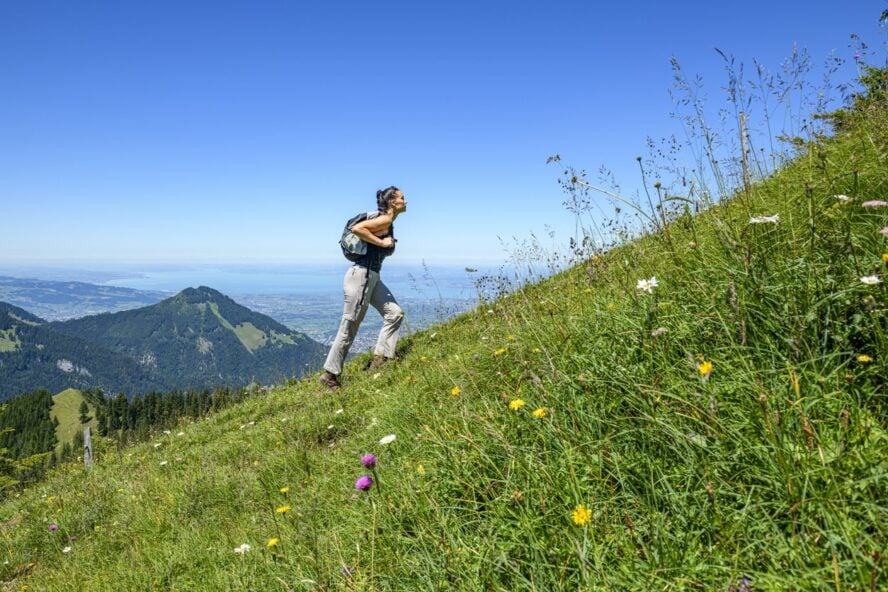 A woman hiking in the mountains in summer