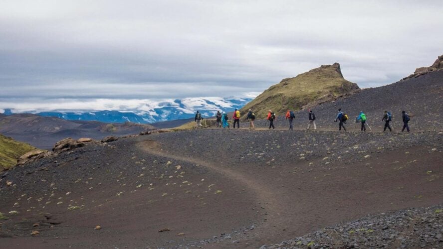 A group of hikers along the Laugavegur Trail in Iceland