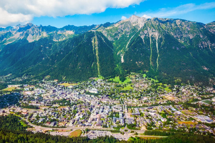 Chamonix aerial panoramic view. Chamonix Mont Blanc is a commune and town in south eastern France
