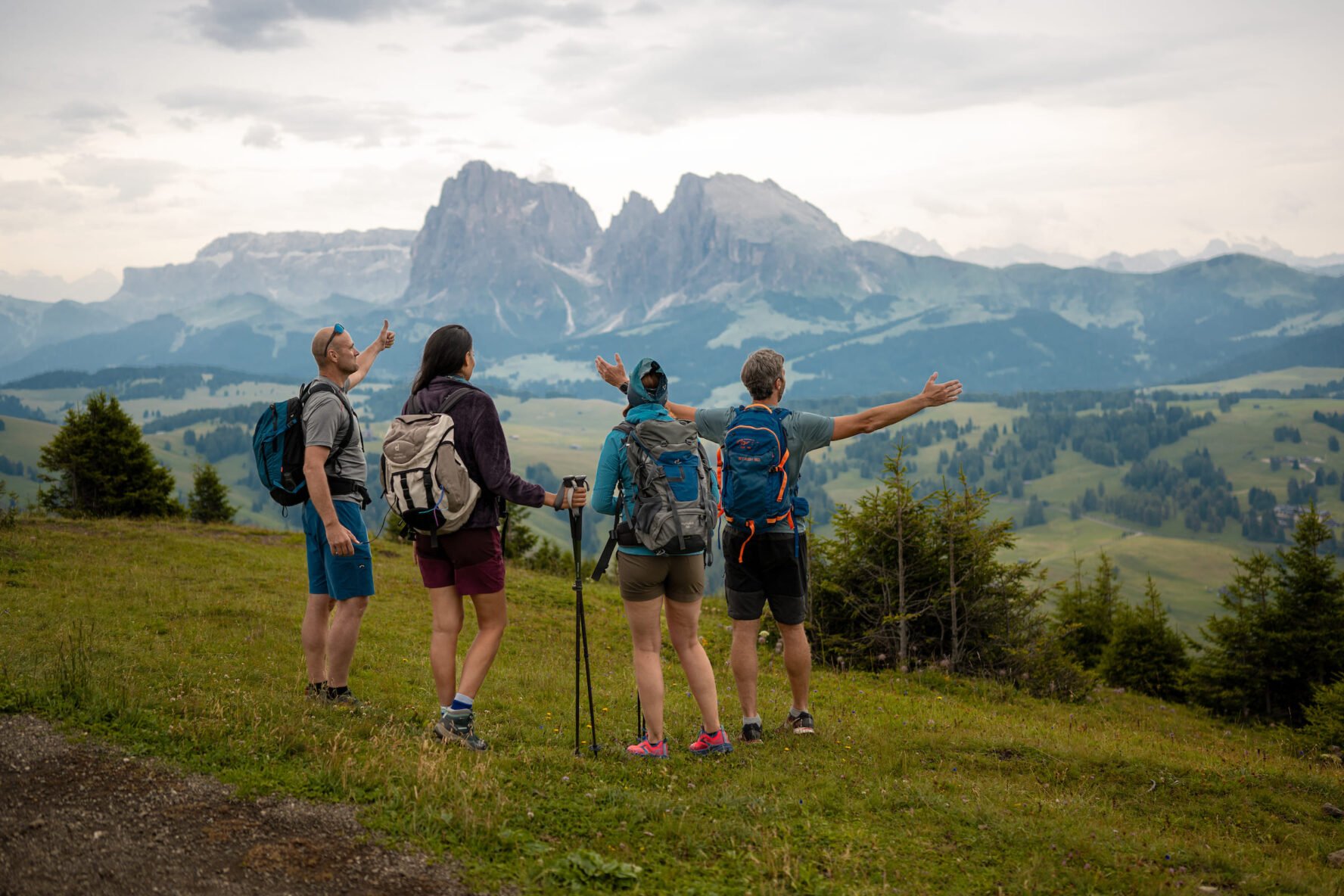 group of hikers dolomites alpe di siusi