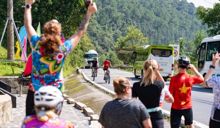 Bikers waving in Vietnam