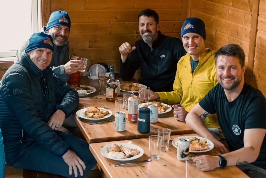 Hikers eating in a hut in Iceland