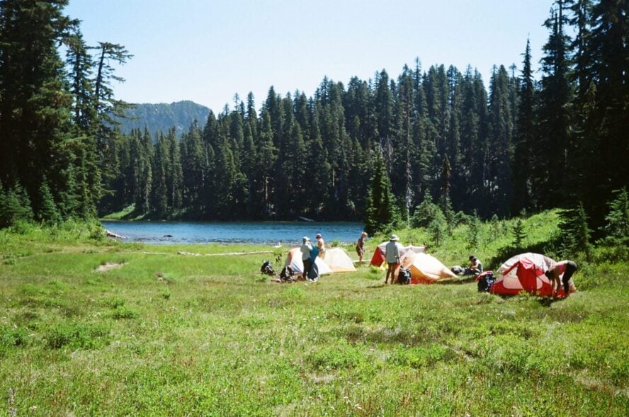 Hikers setting up tents along the Pacific Crest Trail in Oregon