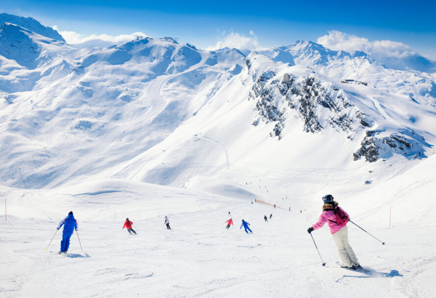 Skiers at Meribel in the Three Valleys in the French Alps
