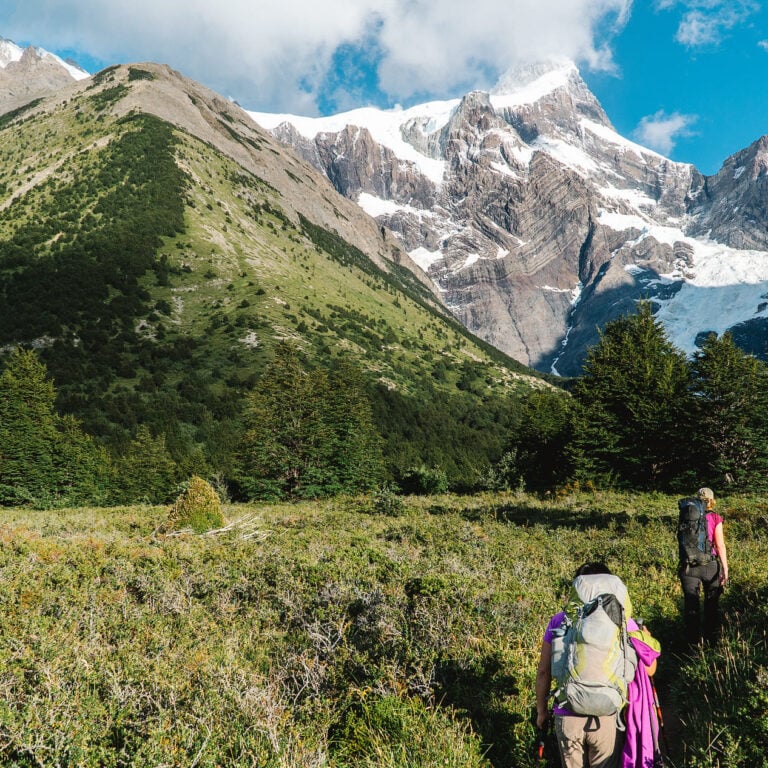 Two hikers in the mountains in Patagonia