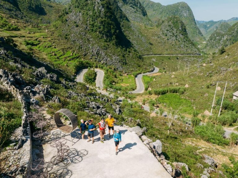 Vietnam five cyclists aerial shot