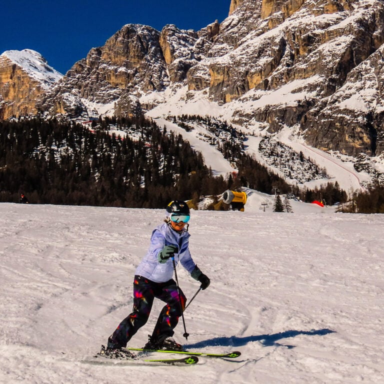 Woman skiing in the Dolomites
