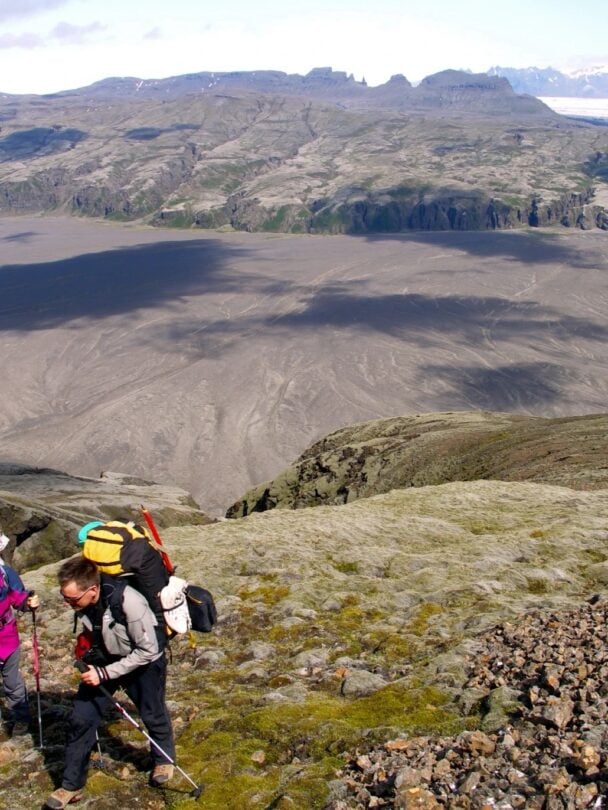 two hikers charcoal trail iceland