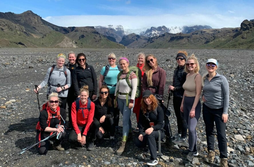 All female team hiking