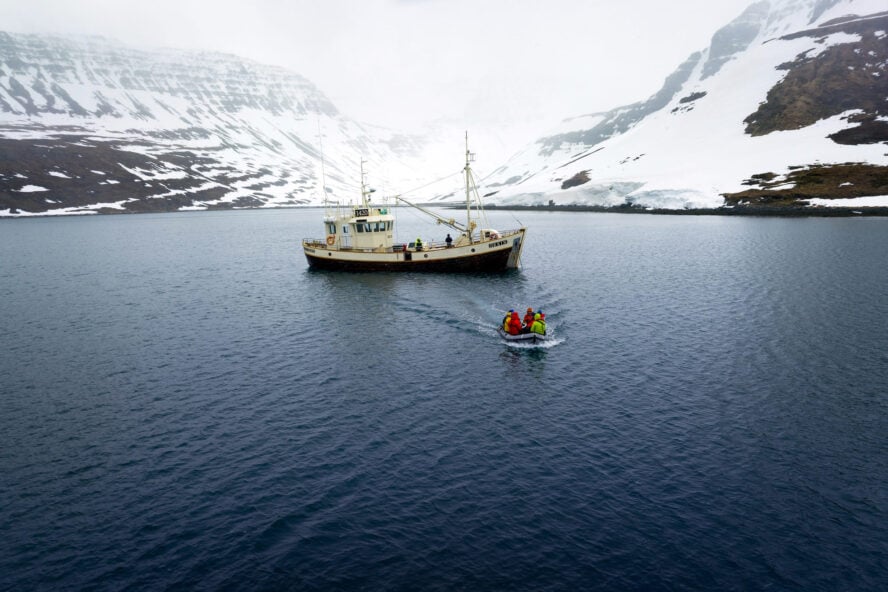 Boat transferring skiers in Iceland