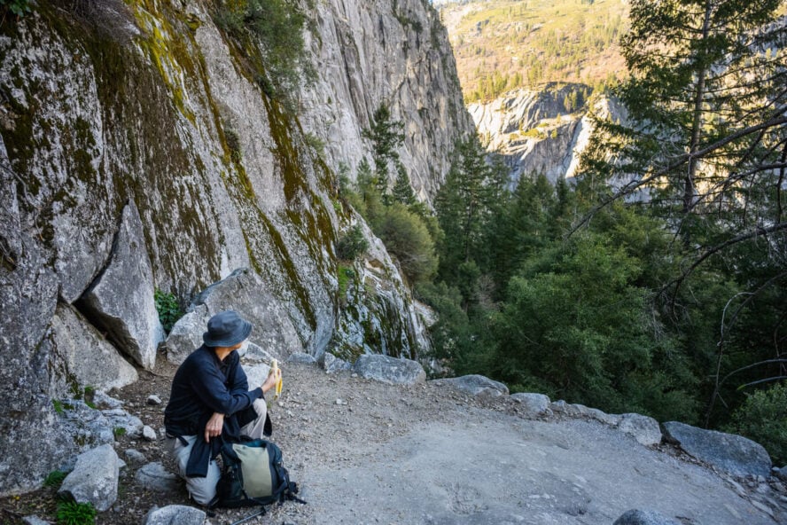 JMT hiker with a banana