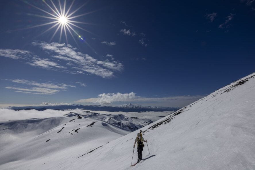 Backcountry skiing in Patagonia under the sun